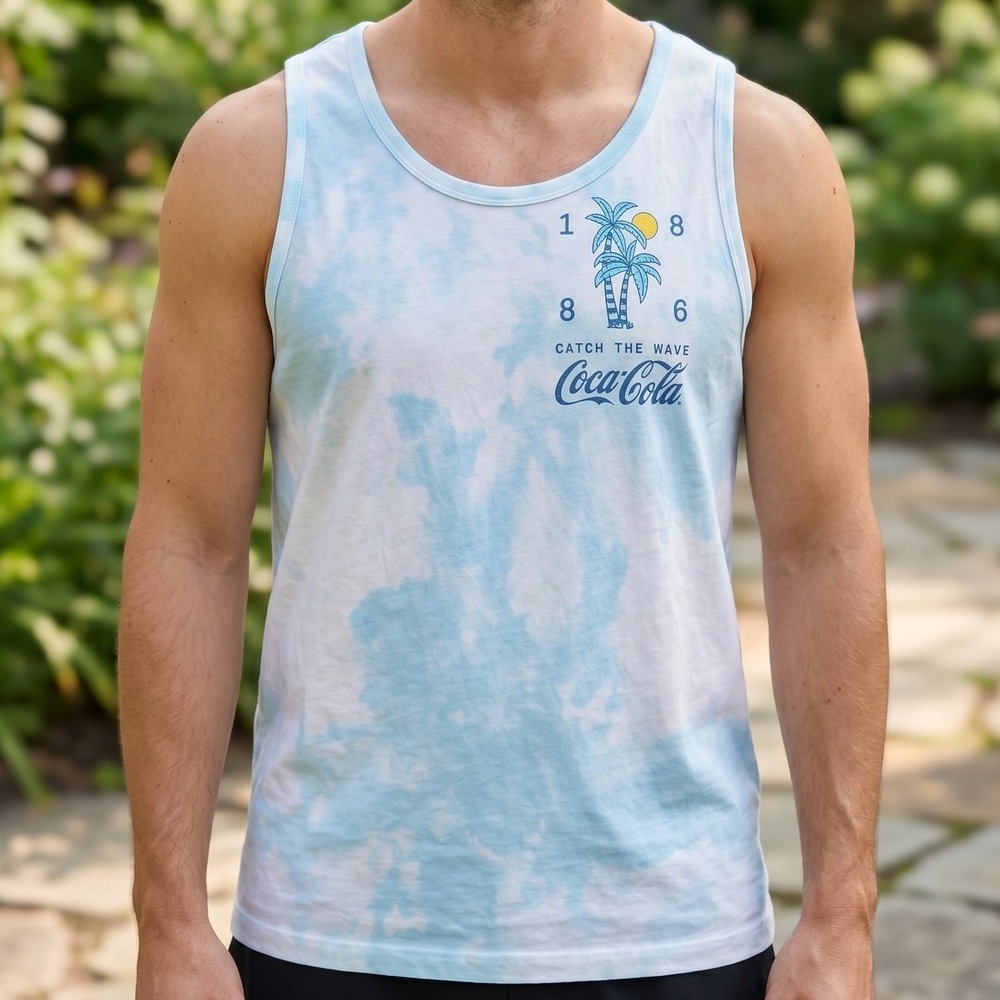 Old Navy Coca-Cola Tie Dye Tank Top Mens Blue White Catch The Wave Palm Tree M
